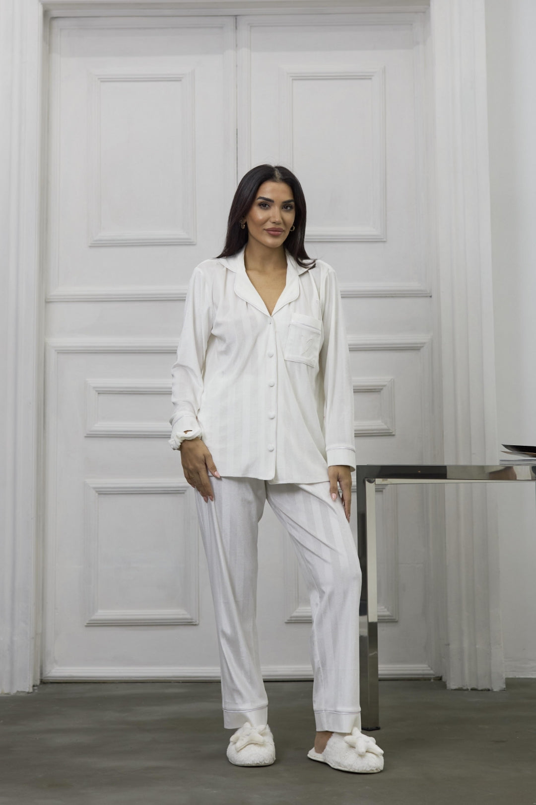 Estelle Striped Velvet Pajama Set — Red