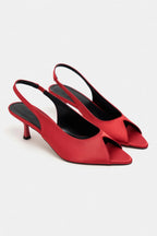 Aurelia Satin Peep-Toe Slingback Kitten Heels – Burgundy Satin