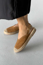Heidi – Genuine Suede Leather Espadrille Slingback Flats – Sand