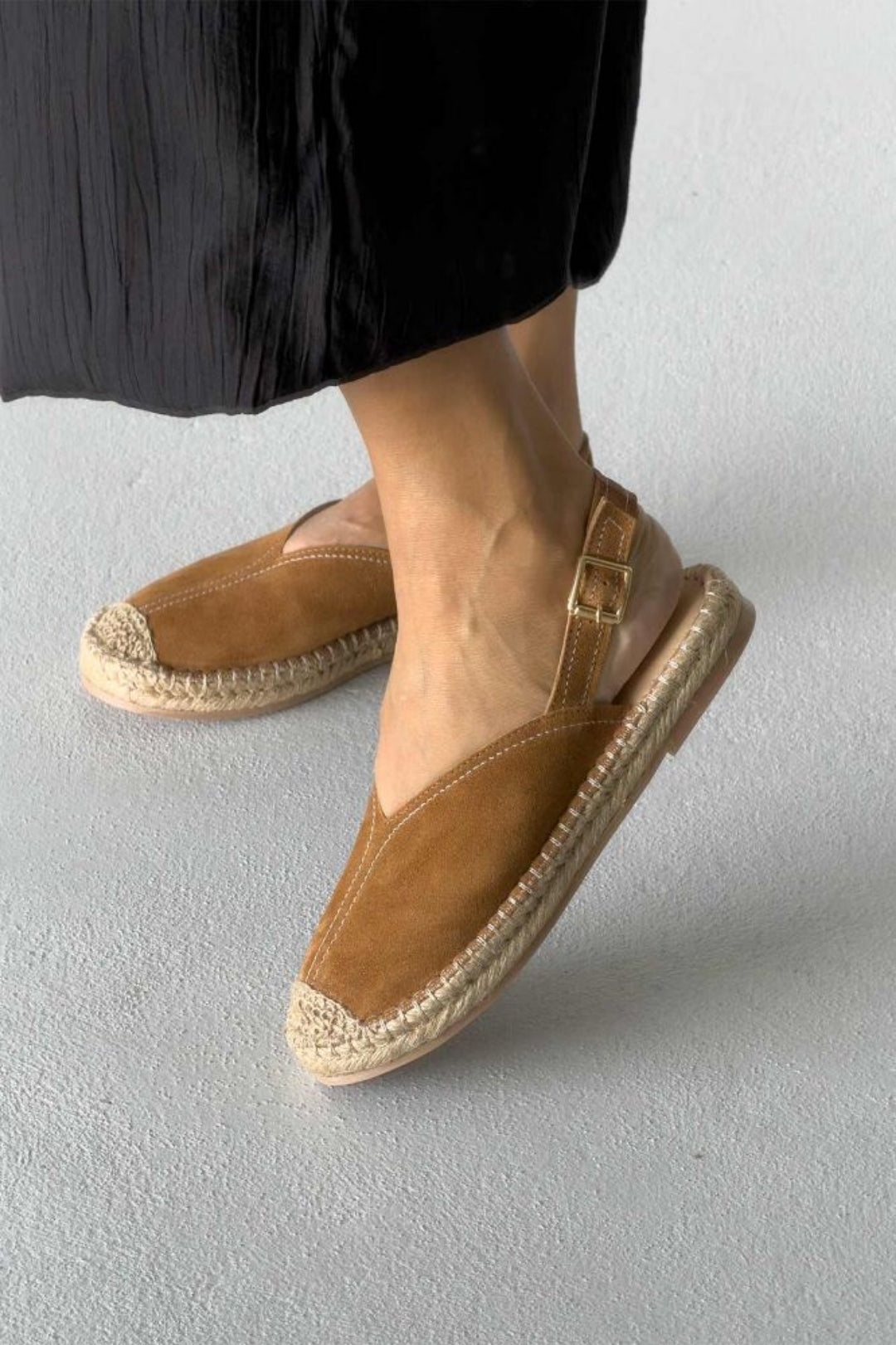 Heidi – Genuine Suede Leather Espadrille Slingback Flats – Sand