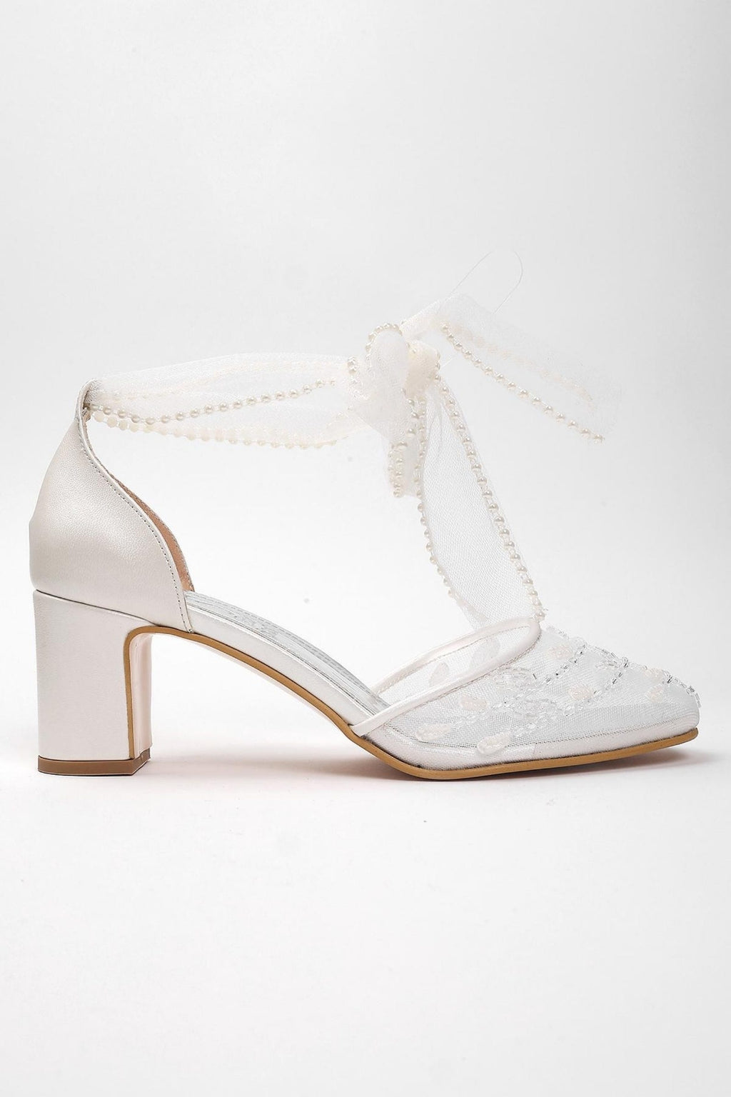Low Block Heel Wedding Shoes with Pearl Detail and Tulle Ribbon