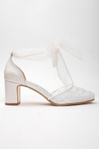 Low Block Heel Wedding Shoes with Pearl Detail and Tulle Ribbon
