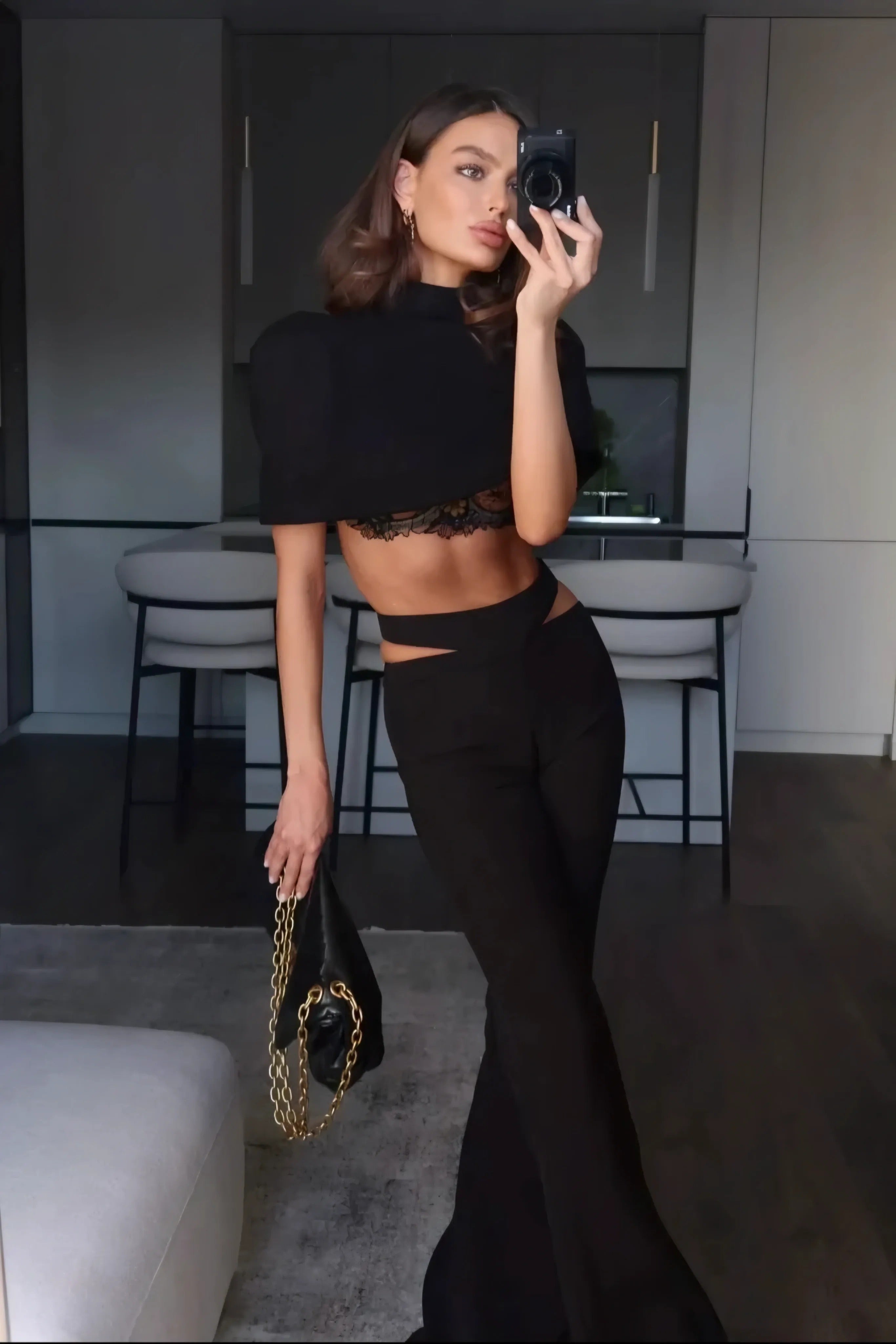 Otilia Sculpted Scuba Crop & Flare Pants Set – Black