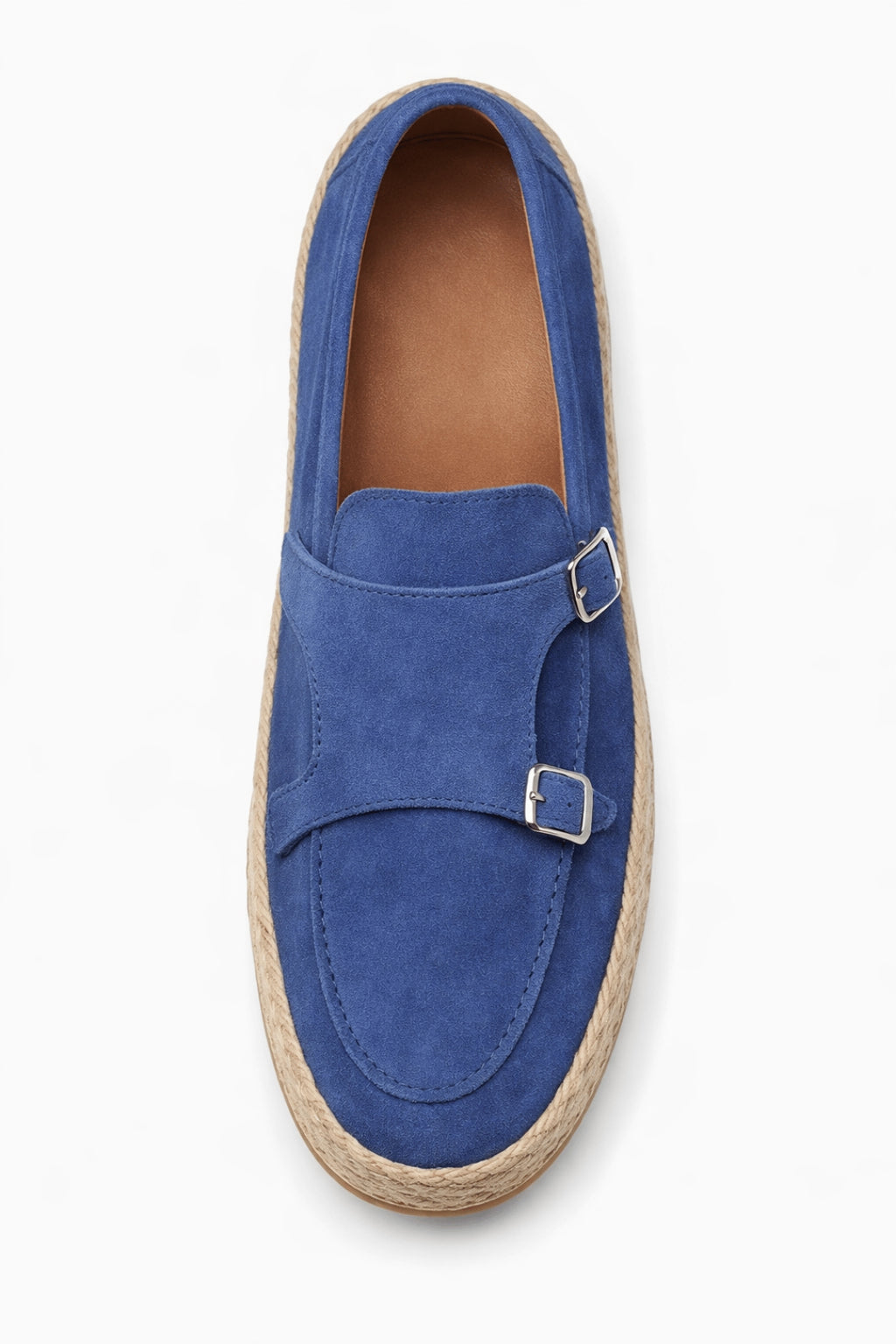 Mavi Hakiki Süet Deri Hasır Kaplama Tabanlı Double Monk Strap