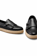 Siyah Hakiki Deri Hasır Kaplama Tabanlı Double Monk Strap
