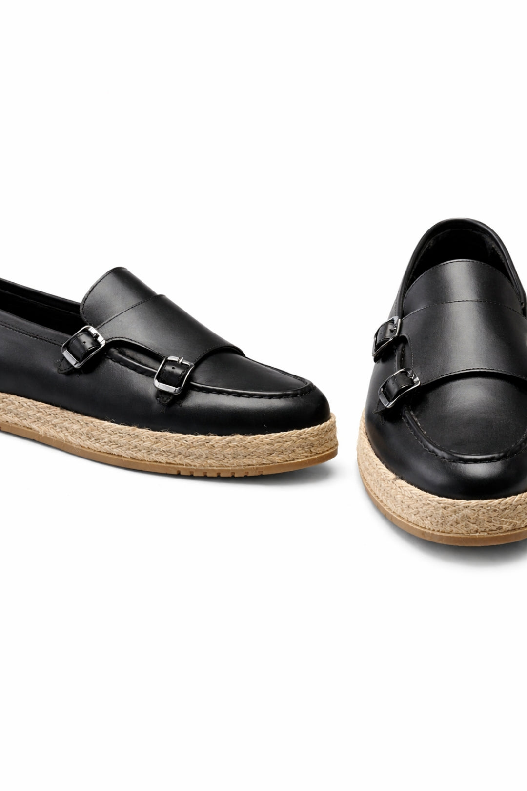 Siyah Hakiki Deri Hasır Kaplama Tabanlı Double Monk Strap
